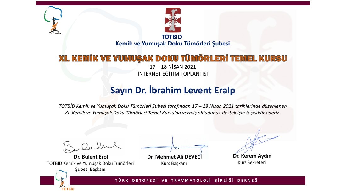 Dr. Ibrahim Levent Eralp Teşekkür Sertifikası — ilk sayfa