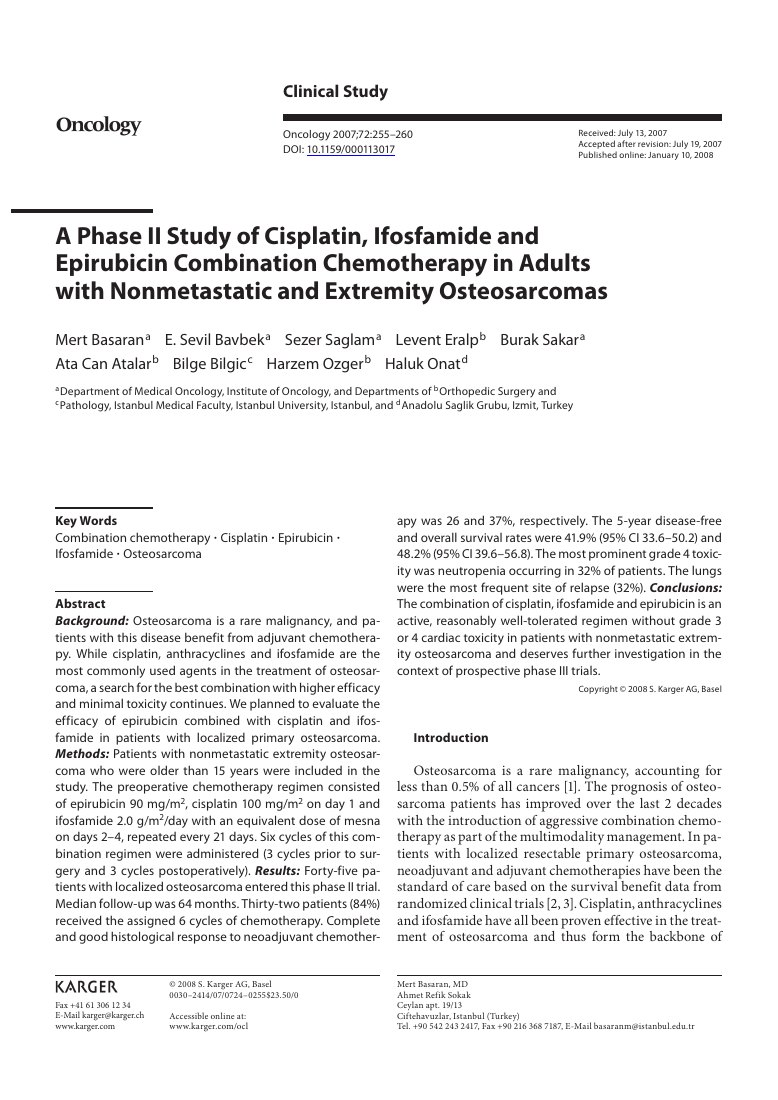 A phase II study of cisplatin, ifosfamide and epirubicin combination chemotherapy in adults with nonmetastatic and extremity osteosarcomas — ilk sayfa