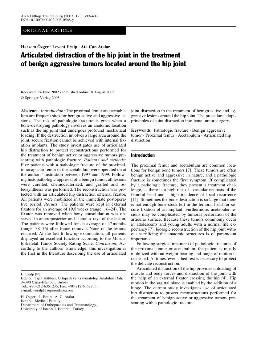 Articulated distraction of the hip joint in the treatment of benign aggressive tumors located around the hip joint — ilk sayfa