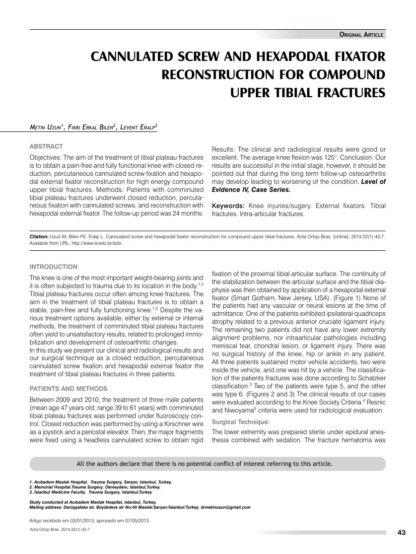 Cannulated screw and hexapodal fixator reconstruction for compound upper tibial fractures — ilk sayfa
