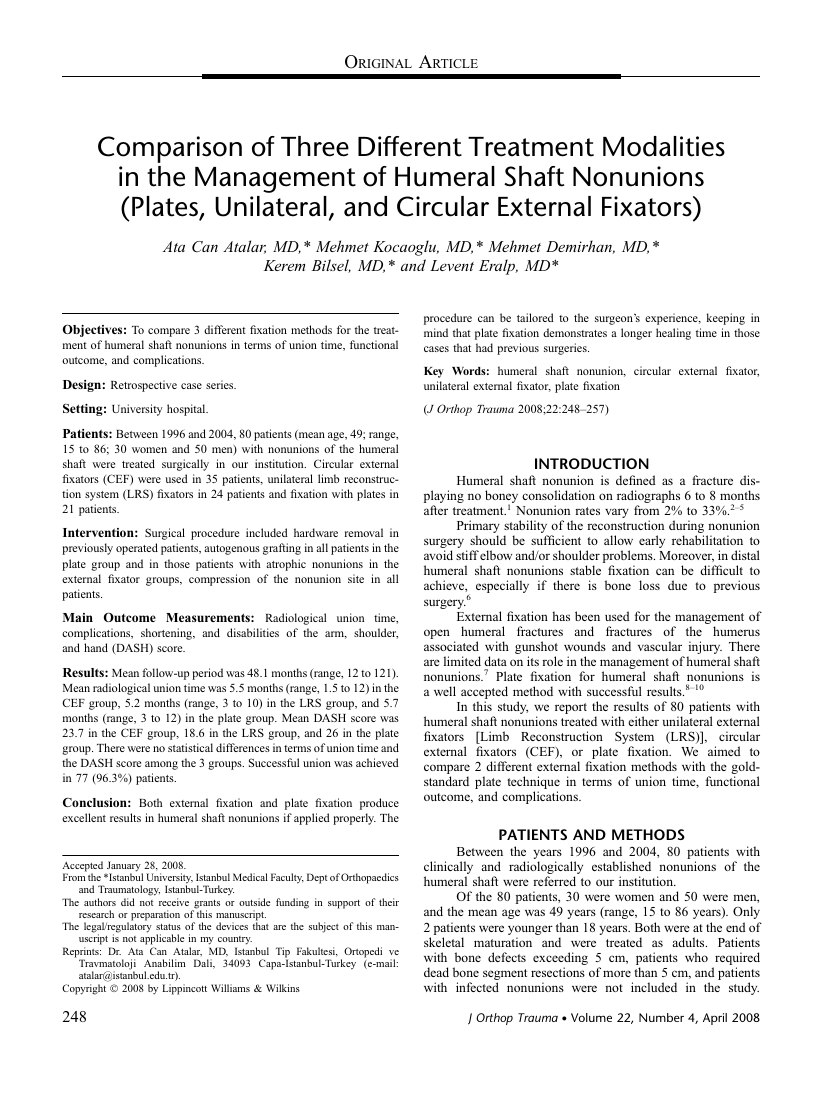 Comparison of three different treatment modalities in the management of humeral shaft nonunions (plates, unilateral, and circular external fixators) — ilk sayfa