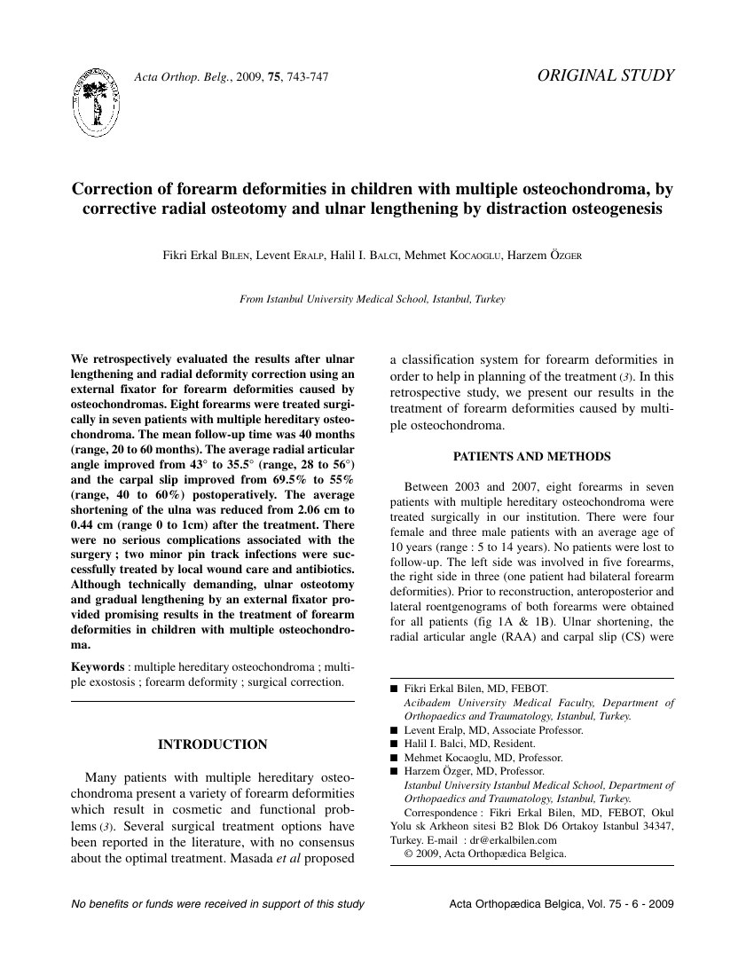 Correction of forearm deformities in children with multiple osteochondroma, by corrective radial osteotomy and ulnar lengthening by distraction osteogenesis — ilk sayfa