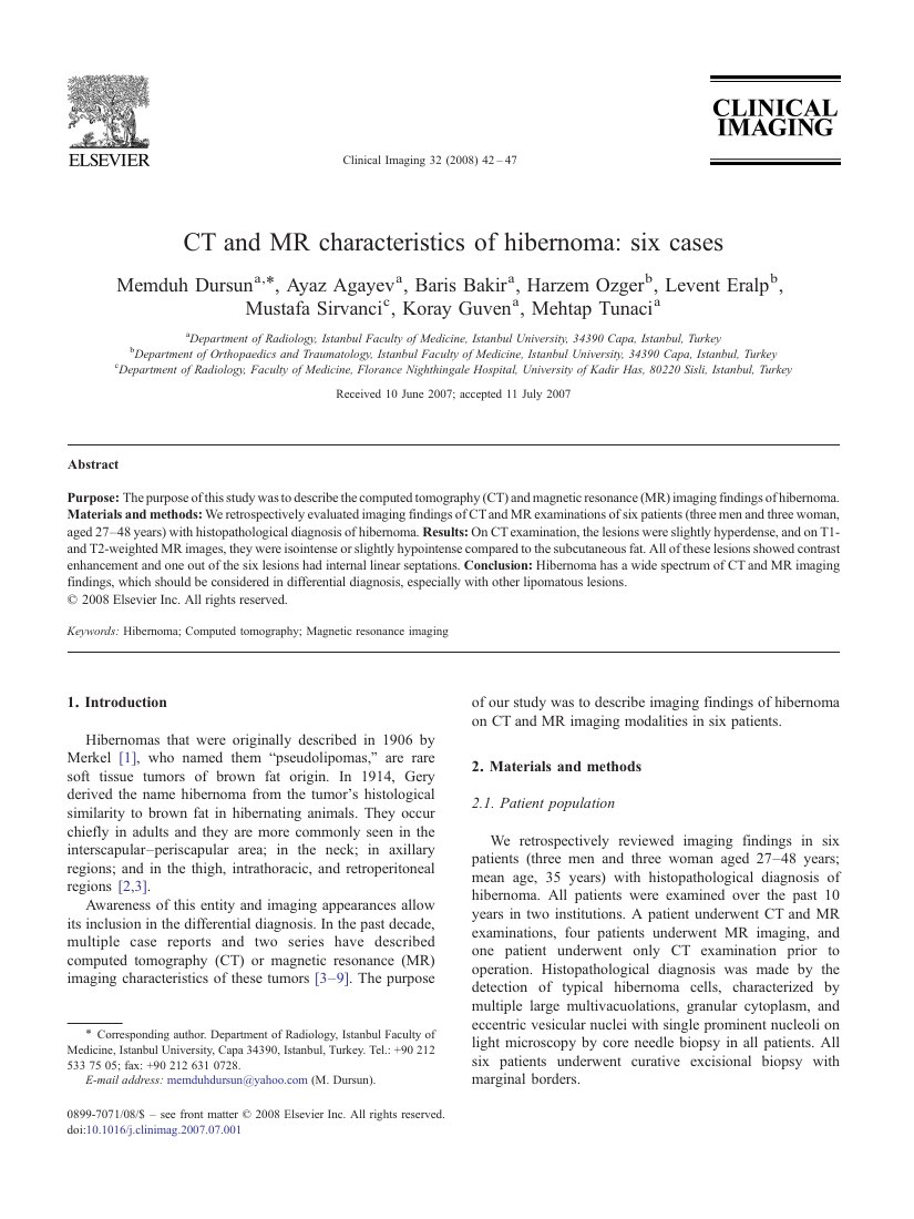 CT and MR characteristics of hibernoma: six cases — ilk sayfa