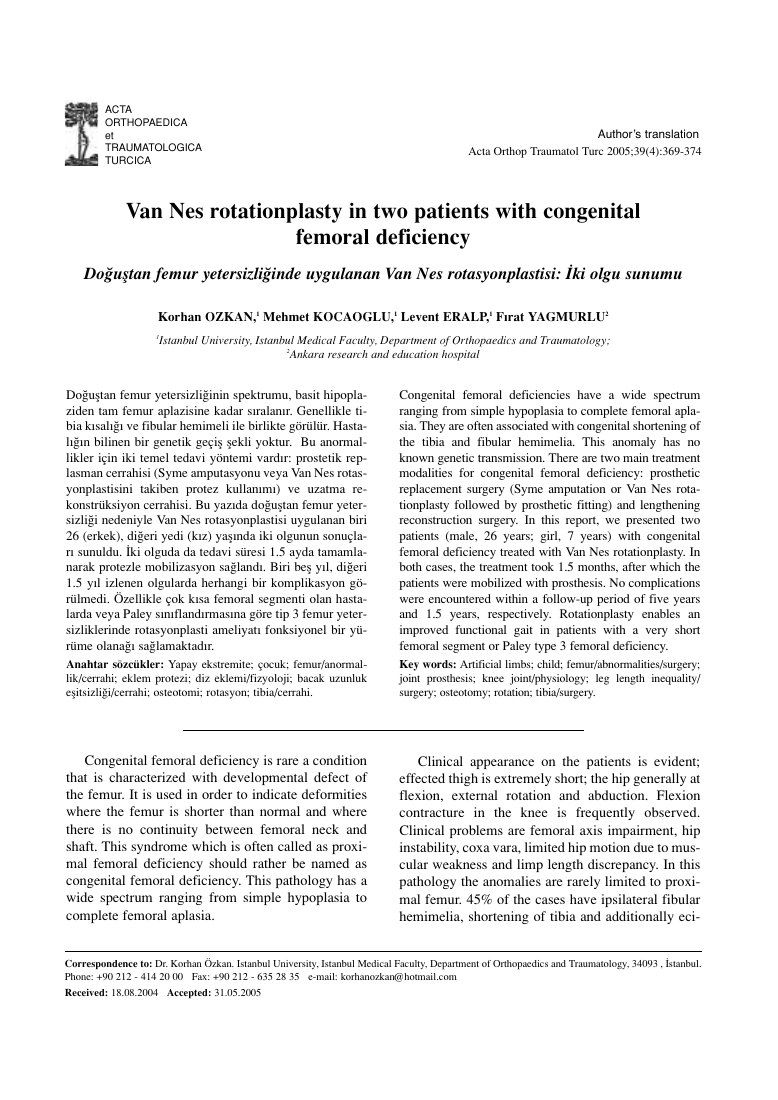 Doğuştan femur yetersizliğinde uygulanan Van Nes rotasyonplastisi: Iki olgu sunumu [Van Nes rotationplasty in two patients with congenital femoral deficiency] — ilk sayfa