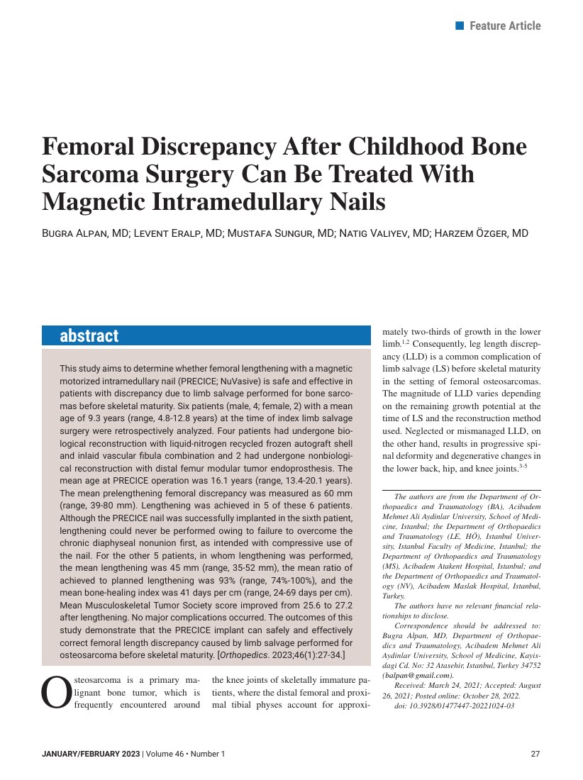 Femoral Discrepancy After Childhood Bone Sarcoma Surgery Can Be Treated With Magnetic Intramedullary Nails — ilk sayfa