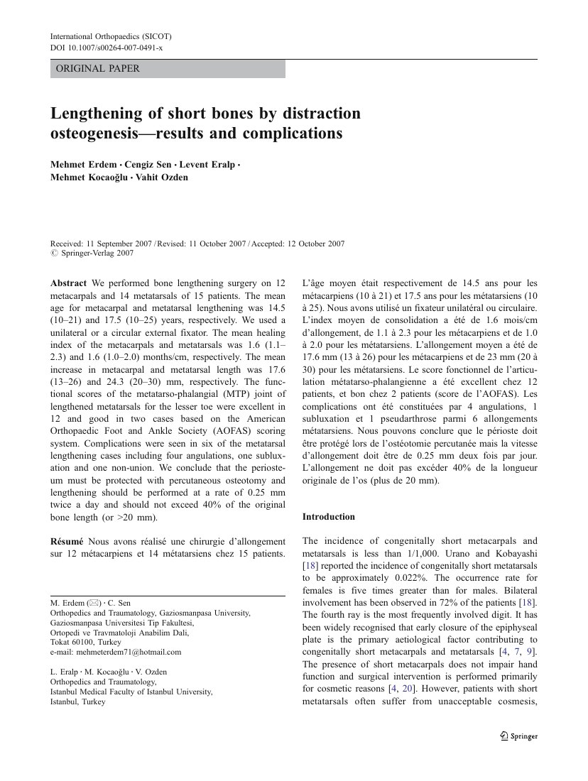 Lengthening of short bones by distraction osteogenesis--results and complications — ilk sayfa