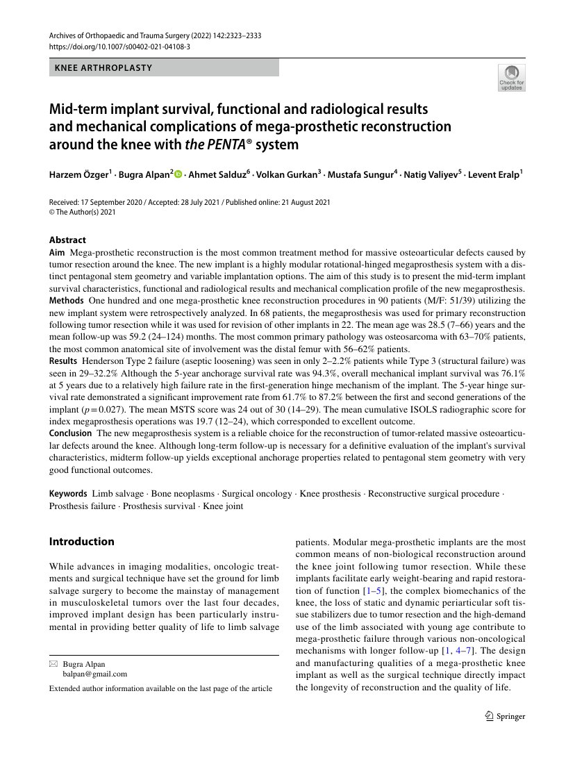 Mid-term implant survival, functional and radiological results and mechanical complications of mega-prosthetic reconstruction around the knee with the PENTA® system — ilk sayfa