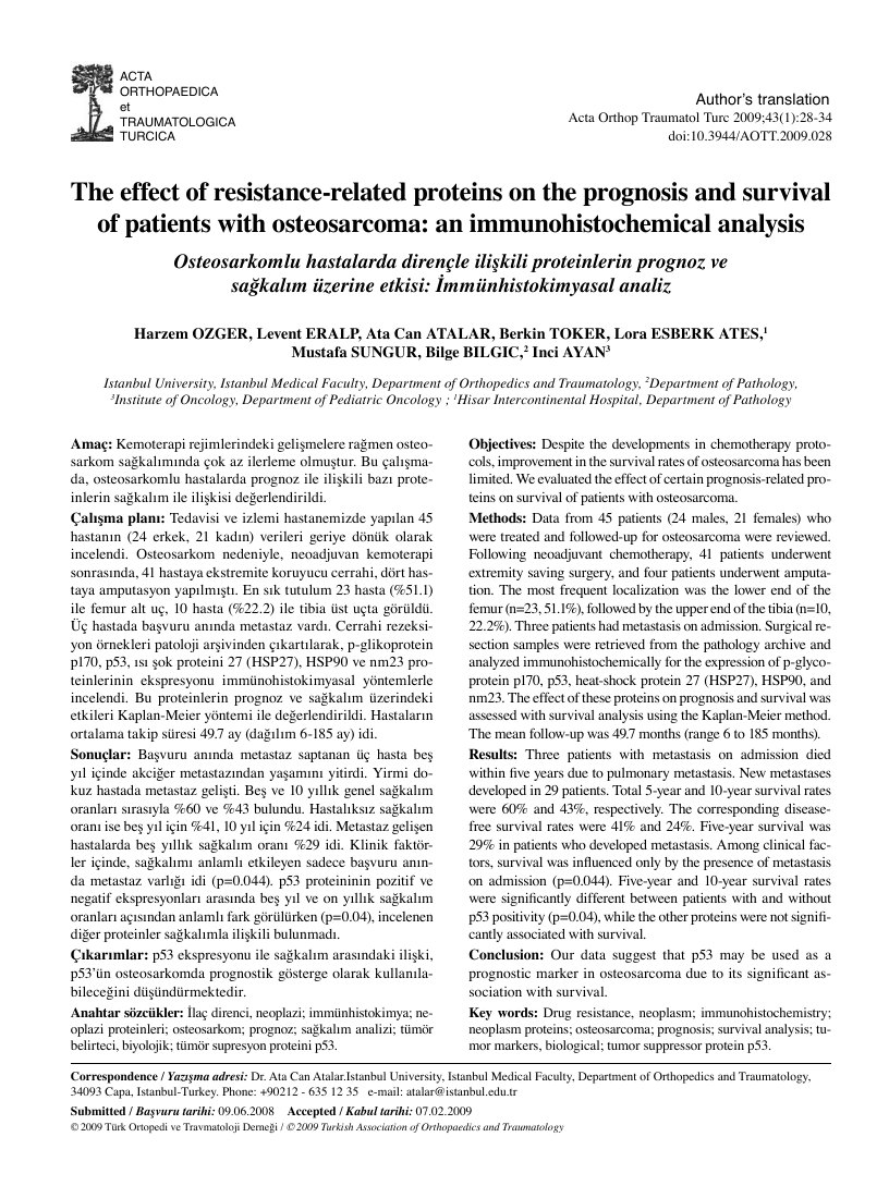 Osteosarkomlu hastalarda dirençle ilişkili proteinlerin prognoz ve sağkalim üzerine etkisi: Immünhistokimyasal analiz [The effect of resistance- related proteins on the prognosis and survival of patients with osteosarcoma: an immunohistochemical analysis] — ilk sayfa
