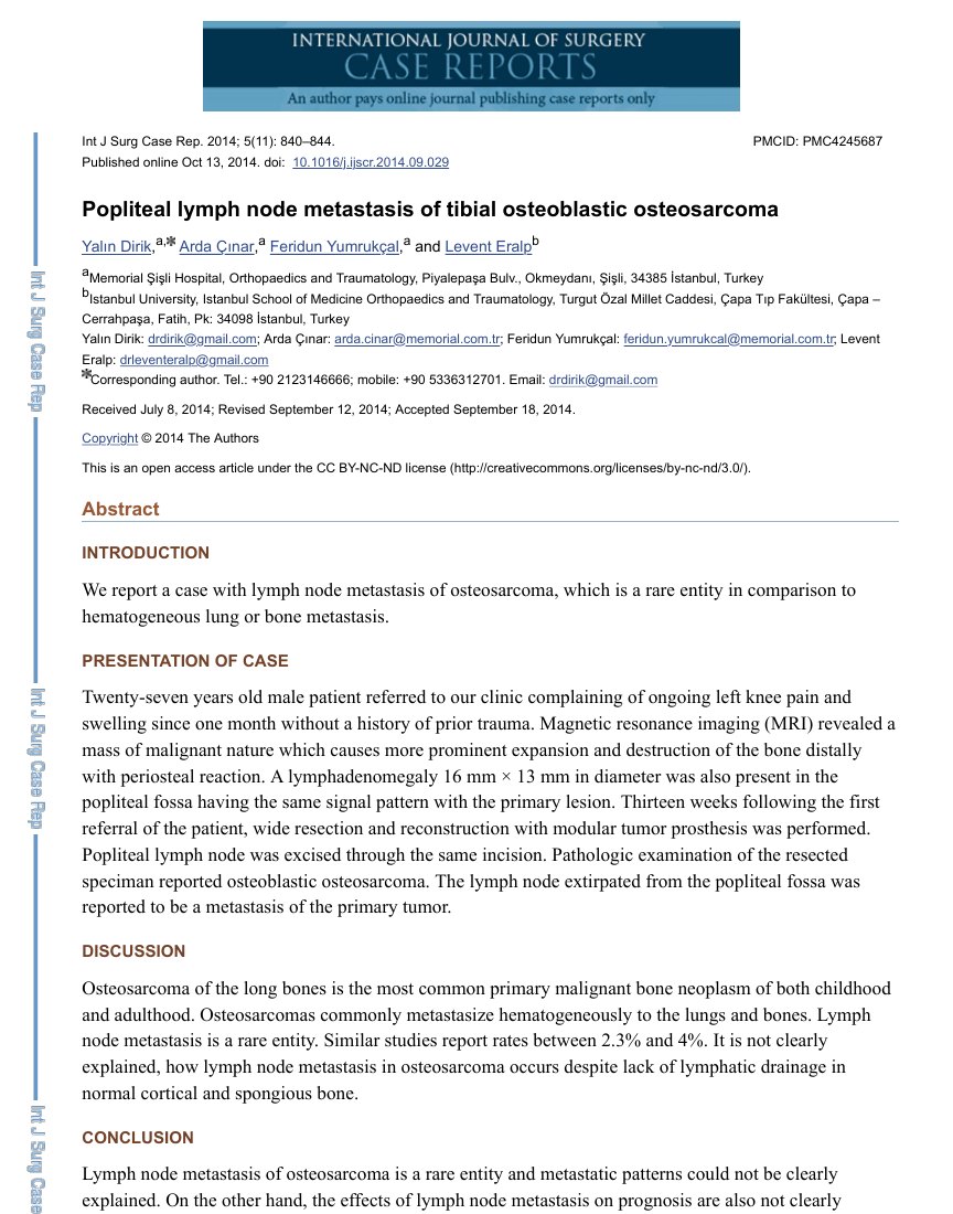Popliteal lymph node metastasis of tibial osteoblastic osteosarcoma — ilk sayfa