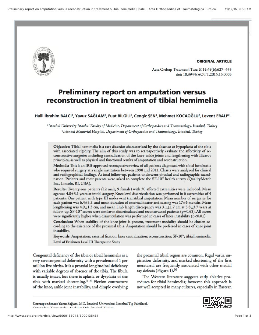 Preliminary report on amputation versus reconstruction in treatment of tibial hemimelia — ilk sayfa