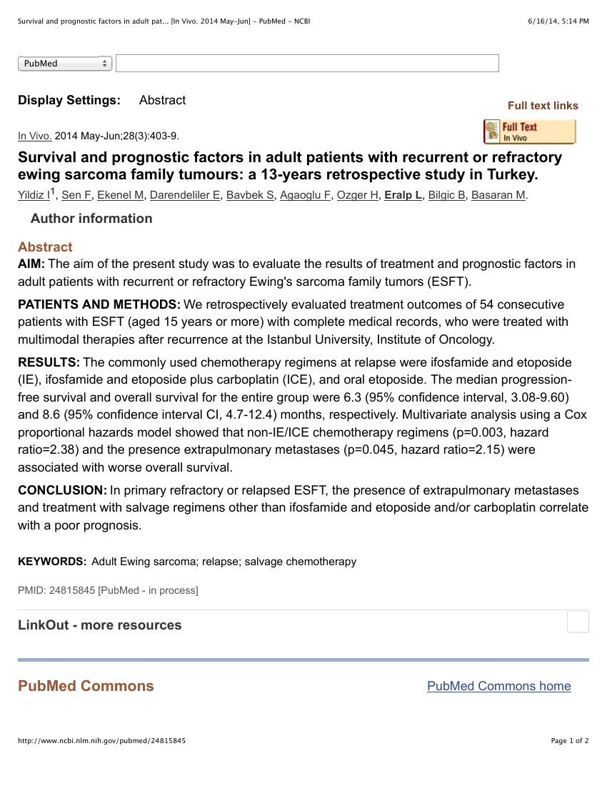 Survival and prognostic factors in adult patients with recurrent or refractory ewing sarcoma family tumours: a 13-years retrospective study in Turkey — ilk sayfa