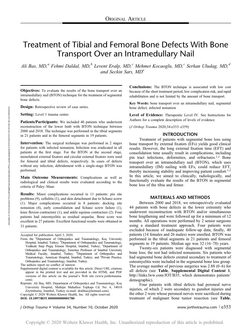 Treatment of Tibial and Femoral Bone Defects With Bone Transport Over an Intramedullary Nail — ilk sayfa