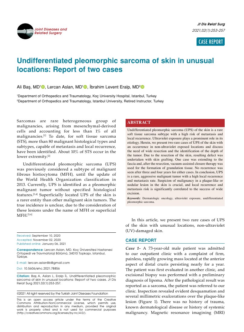 Undifferentiated pleomorphic sarcoma of skin in unusual locations: Report of two cases — ilk sayfa